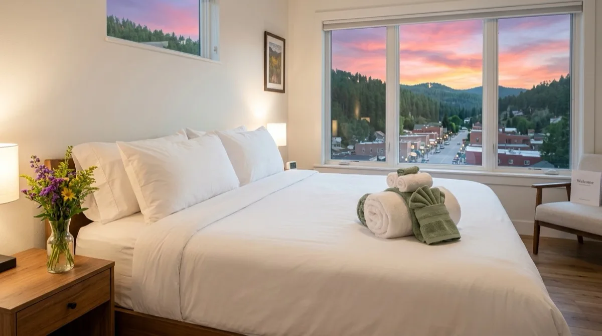 Spearfish Canyon Airbnb mountain cabin kitchen restocked with par-list amenities after summer-season turn