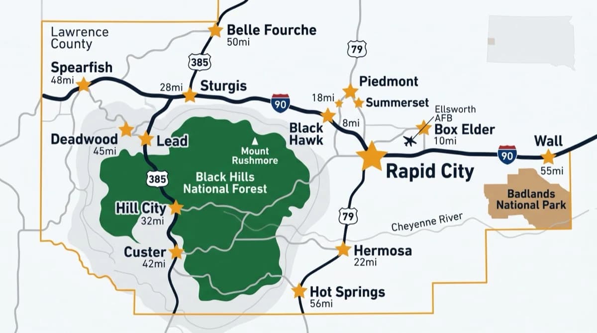Black Hills service area map showing Rapid City, Box Elder, Black Hawk, Piedmont, Summerset, Sturgis, Spearfish, Deadwood, Lead, Belle Fourche, Hill City, Custer, Hermosa, Hot Springs, and Wall. Every city Rapid City Cleaning Services covers across western South Dakota.